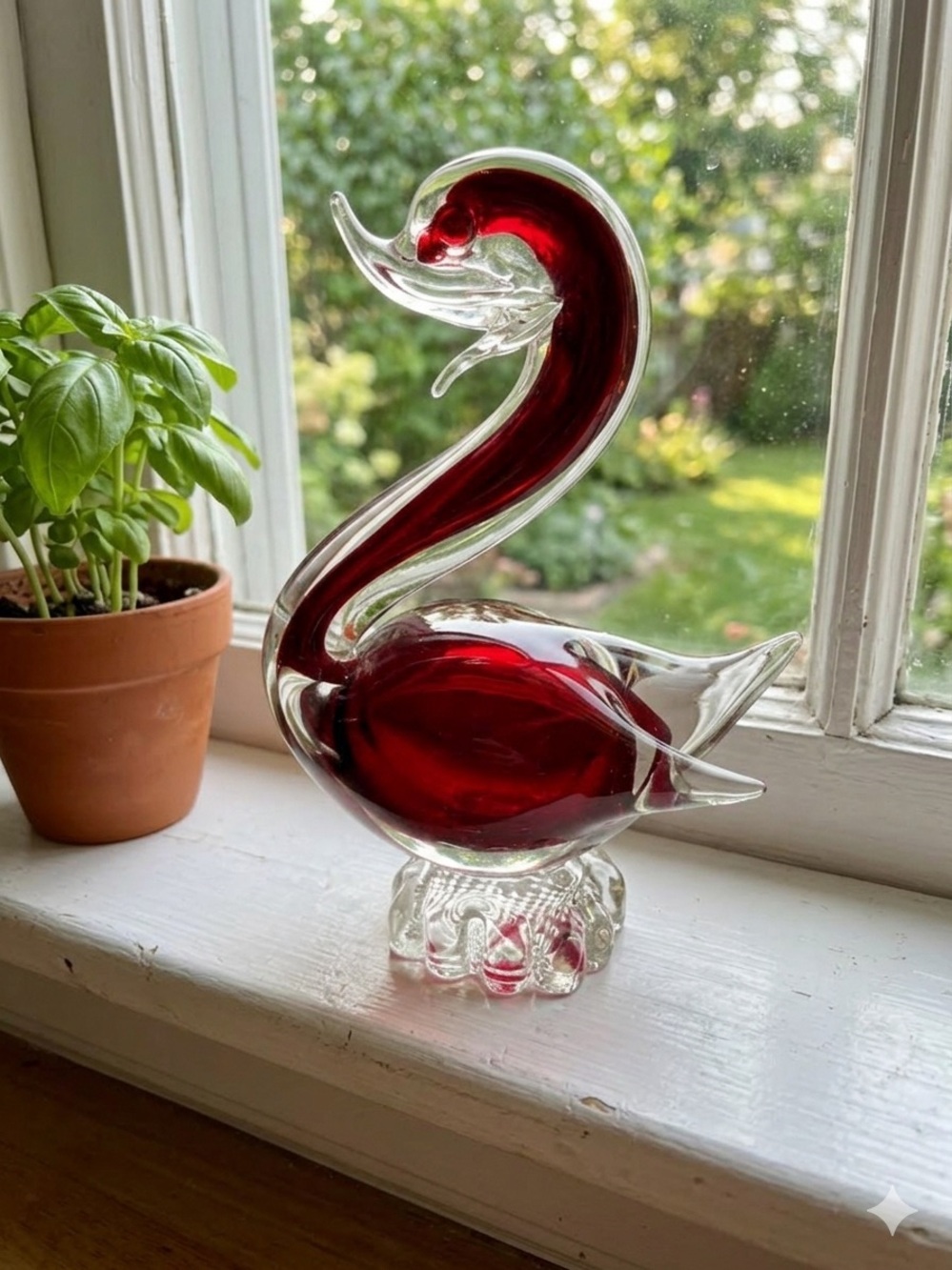 Art Glass Swan Sculpture - Deep Red and Clear